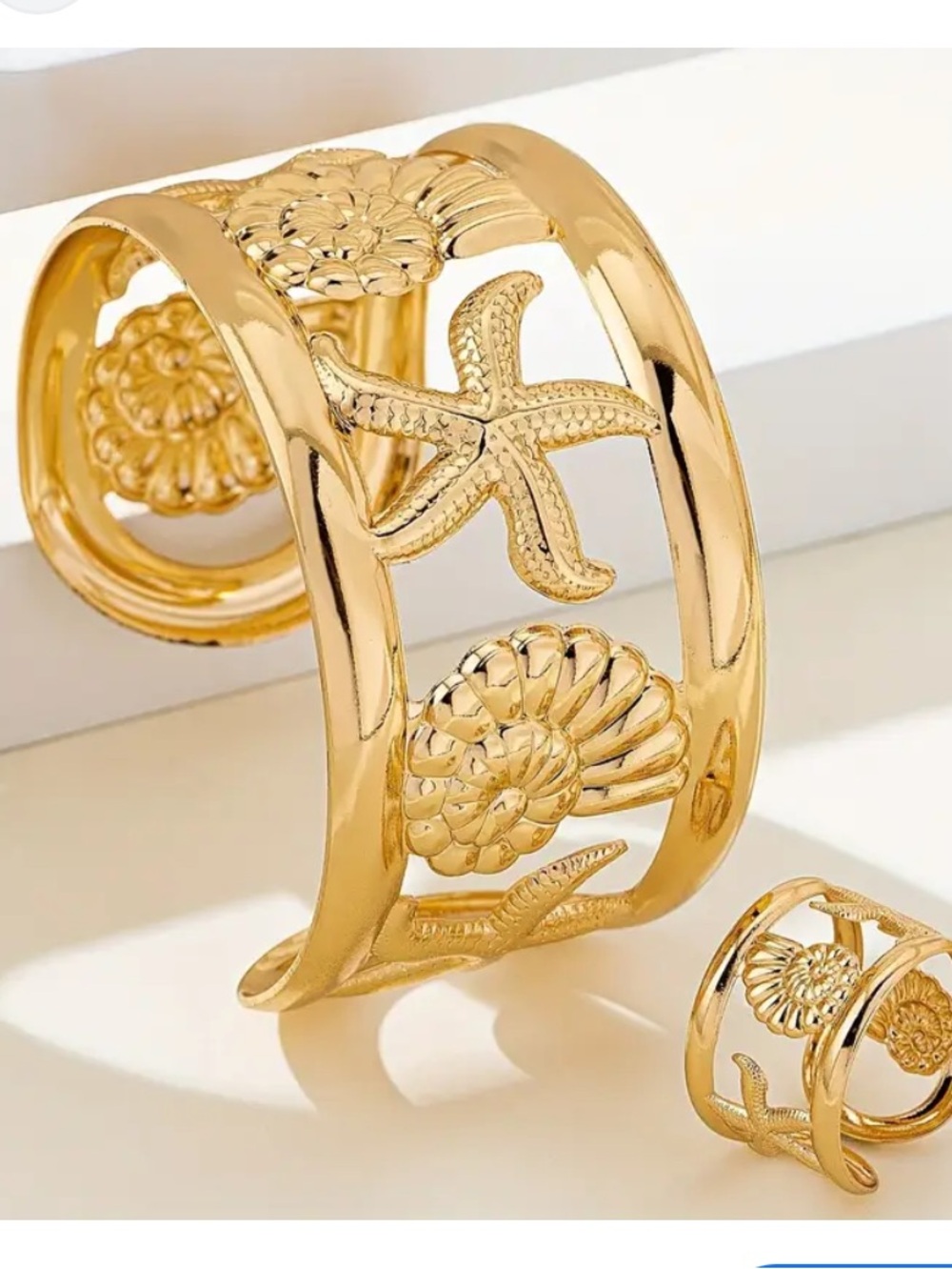 GOLD Seashell & Starfish Cuff Bracelet and Ring Set  NIB